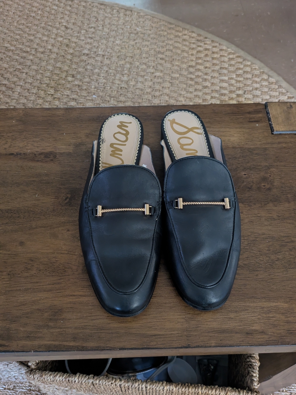 Sam Edelman Black Leather Slip-On Mules with Gold Bar